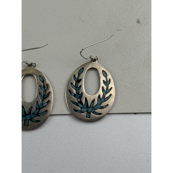 TM-121 Taxco Mexico Sterling Silver Pierced Earrings Inlaid Stone - Picture 3 of 12